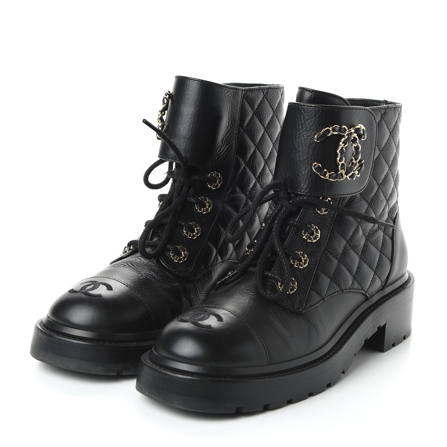 Chanel Shiny Goatskin Calfskin Quilted Lace Up Combat Boots 38 Black 3 of 9