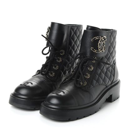Chanel Shiny Goatskin Calfskin Quilted Lace Up Combat Boots 38 Black 3 of 9