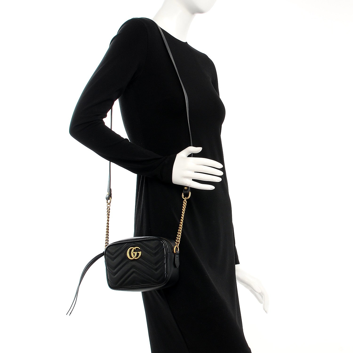 Gucci Calfskin Matelasse Mini GG Marmont Chain Shoulder Bag Black 2 of 7