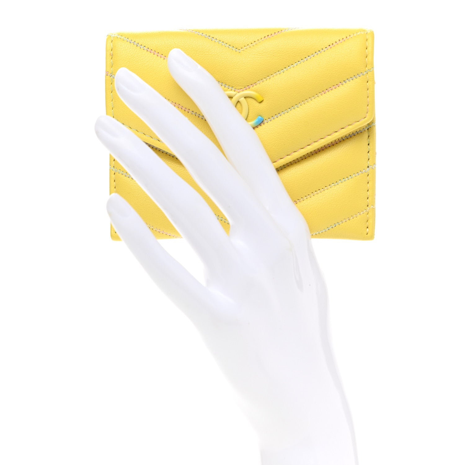 Chanel Lambskin Chevron Quilted Card Holder Yellow 2 of 9