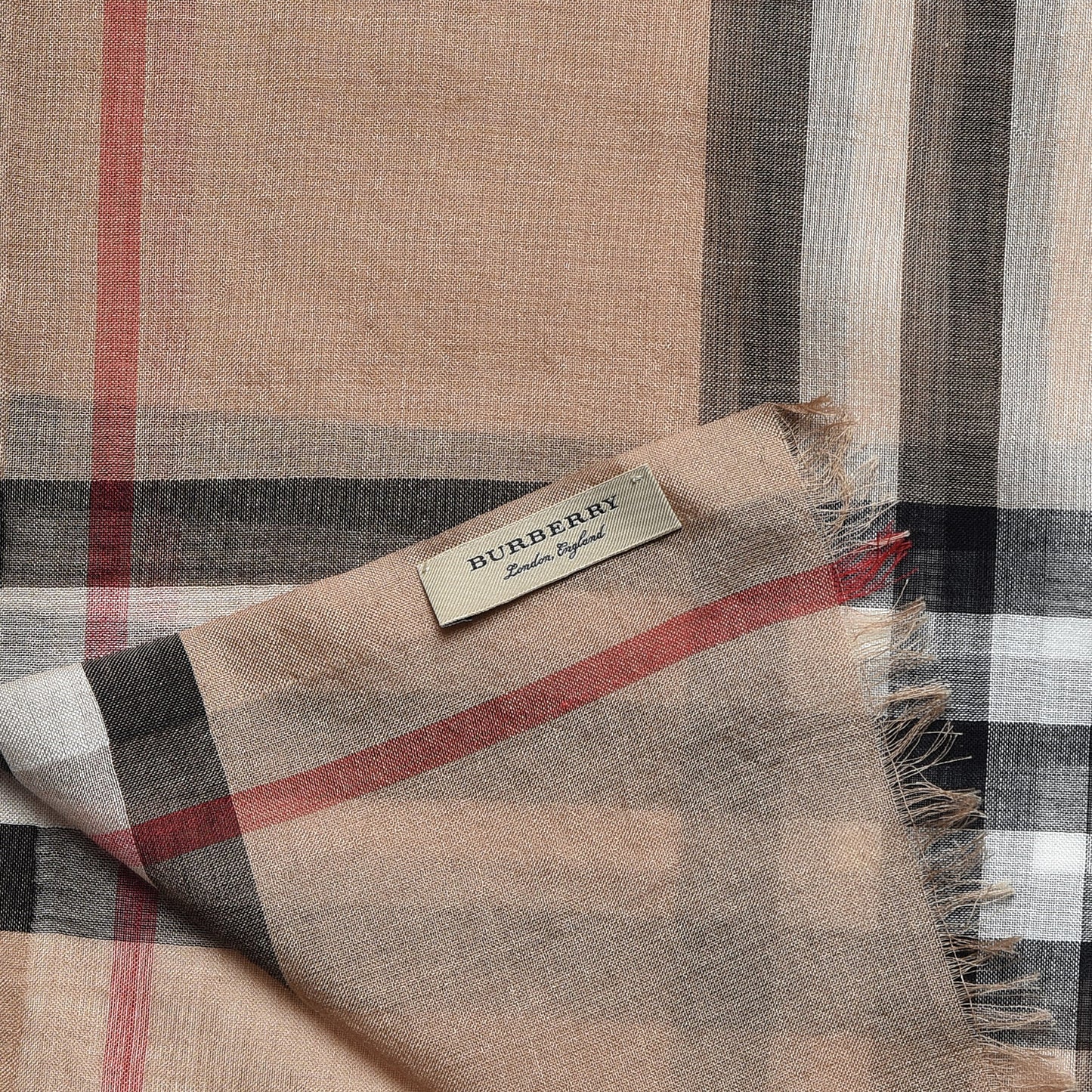 Wool Silk Gauze Giant Check Scarf Camel