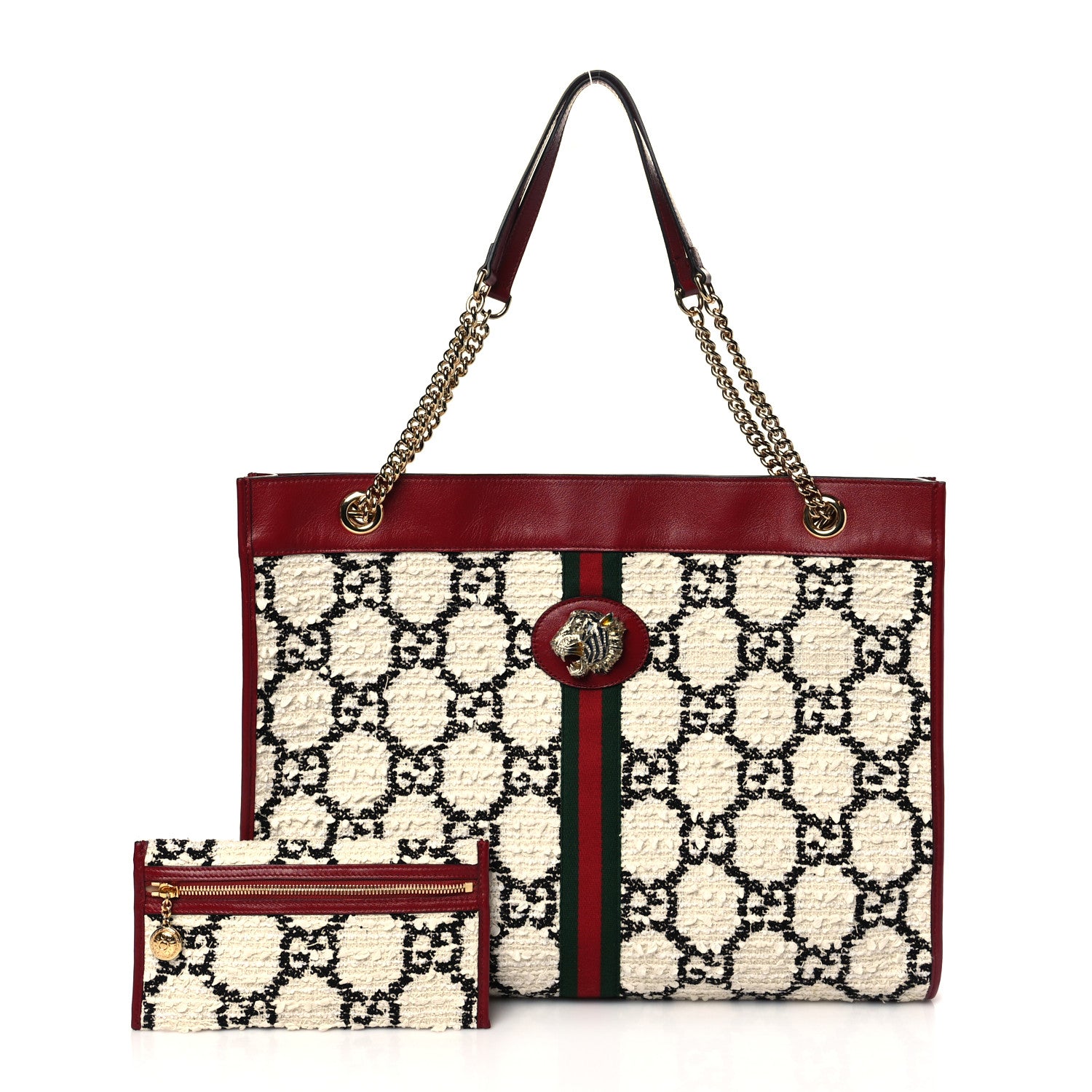 Gucci Tweed GG Monogram Large Rajah Chain Tote White Black Romantic Cherry 1 of 11