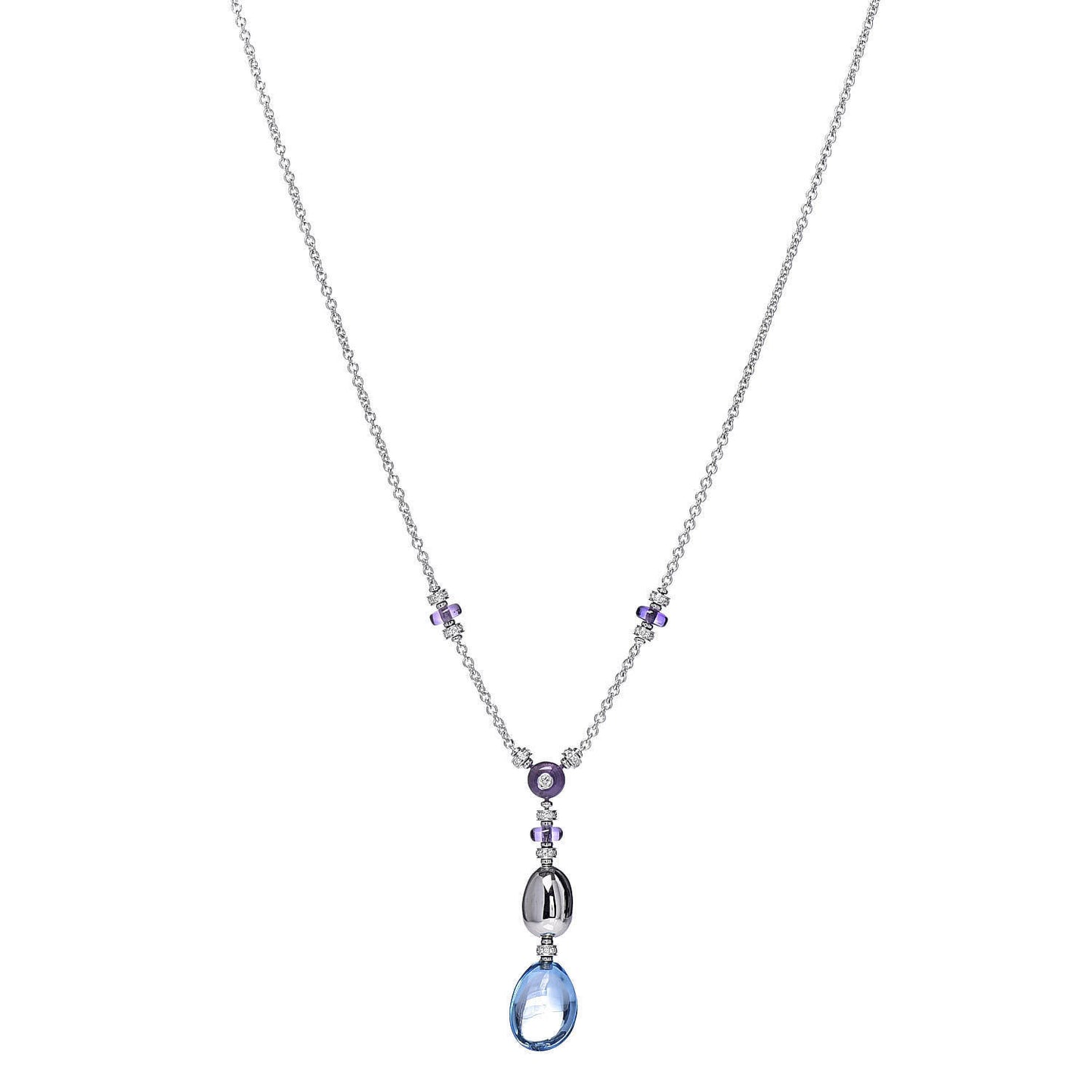 18K White Gold Amethyst Blue Topaz Diamond Lariat Pendant Necklace