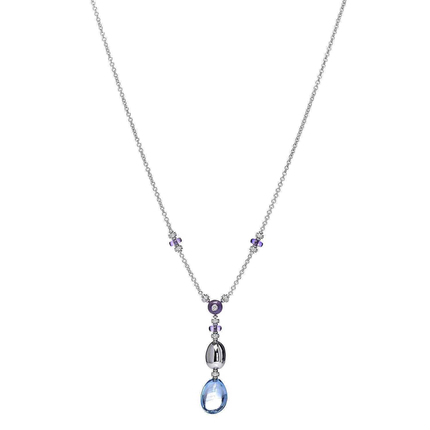 Bulgari 18K White Gold Amethyst Blue Topaz Diamond Lariat Pendant Necklace 1 of 5