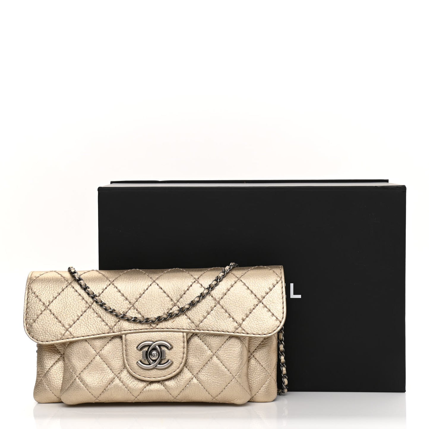 Metallic Calfskin Quilted Flap Clutch With Chain Light Gold