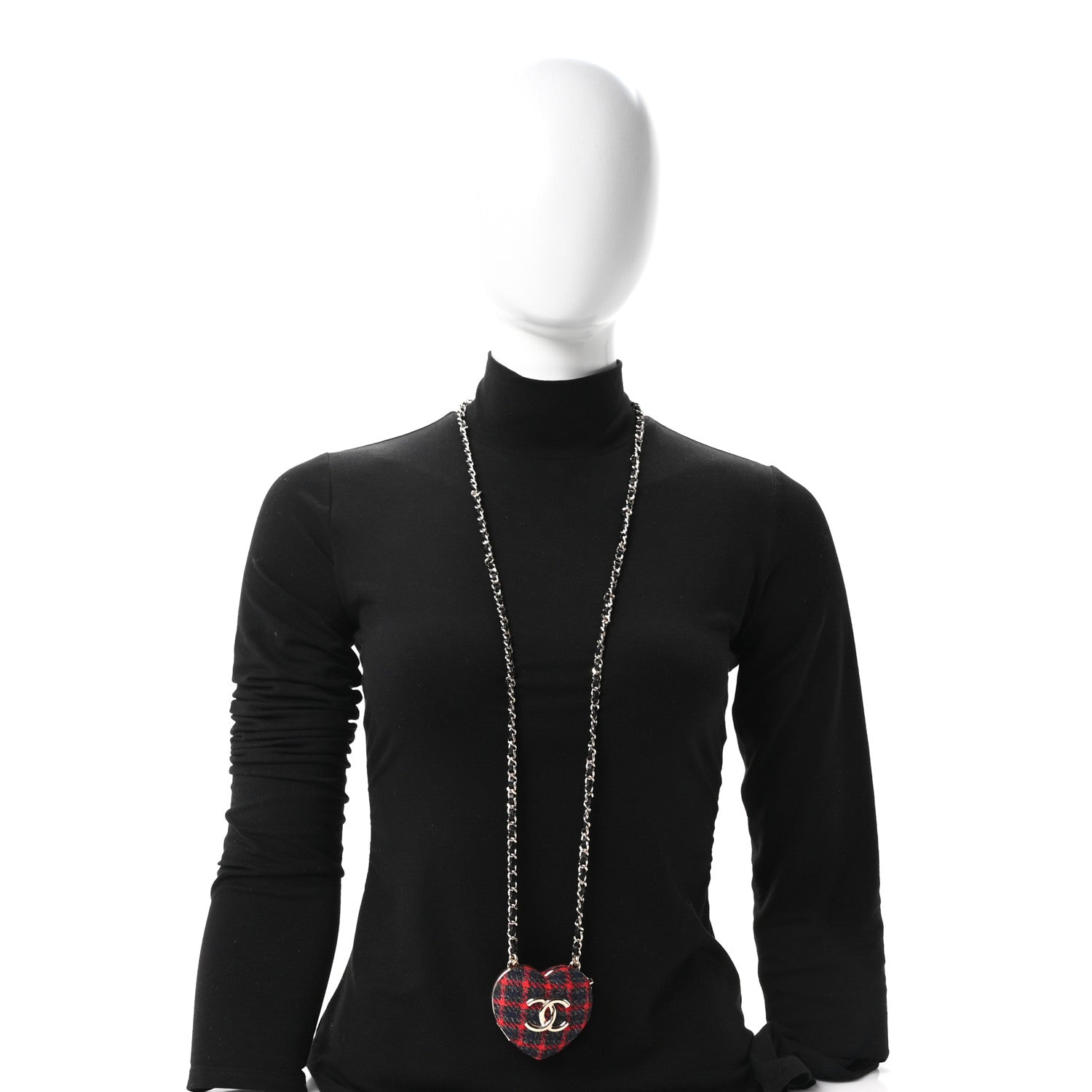 Chanel Tweed Lambskin CC Heart Locket Necklace Gold Grey Red Black