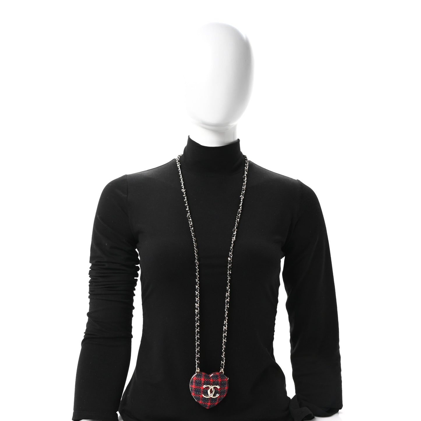 Tweed Lambskin CC Heart Locket Necklace Gold Grey Red Black