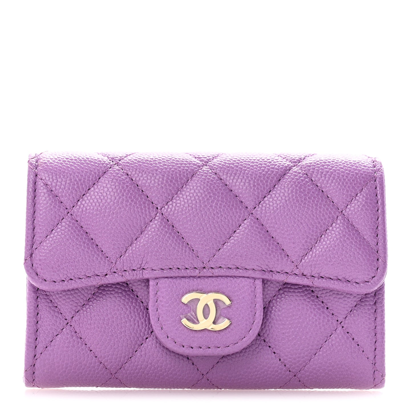 Caviar Quilted Flap Card Holder Wallet Purple