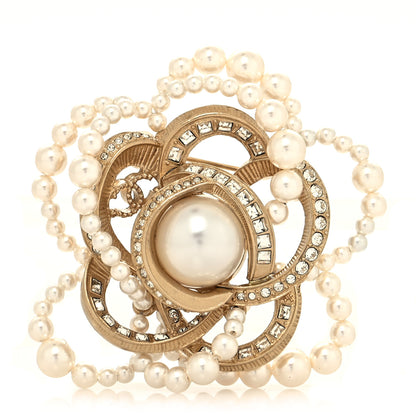 Chanel Pearl Crystal Camellia CC Brooch Gold White 1 of 4