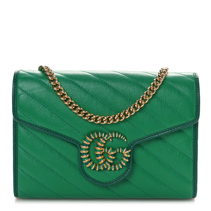 Gucci Azalea Calfskin Enamel Matelasse Diagonal Torchon GG Marmont Chain Wallet New Shamrock Emerald 1 of 10