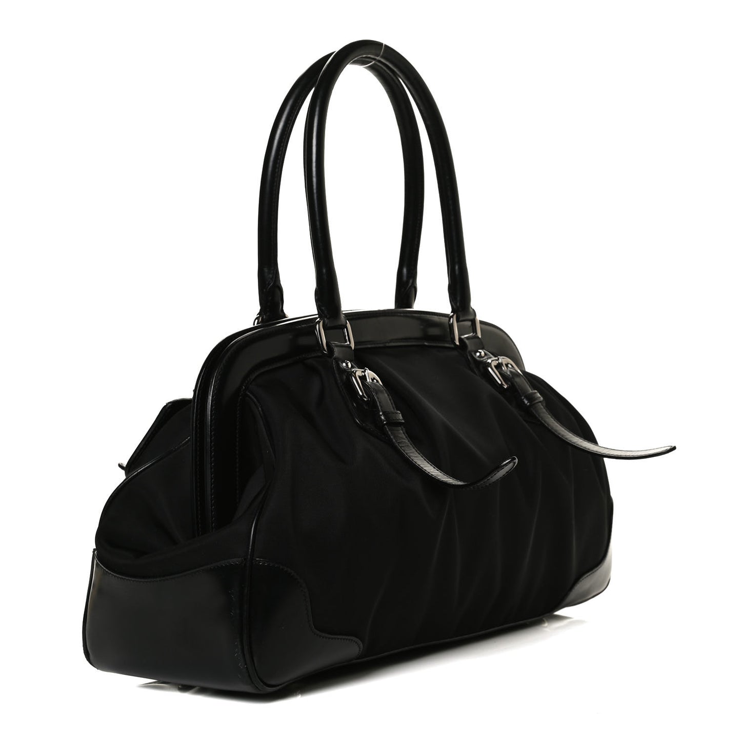 Tessuto Nylon Calfskin Frame Satchel Black