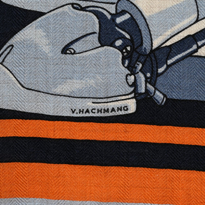 Hermes Cashmere Silk Robocabar Scarf 100 Bleu Naturel Orange 6 of 12