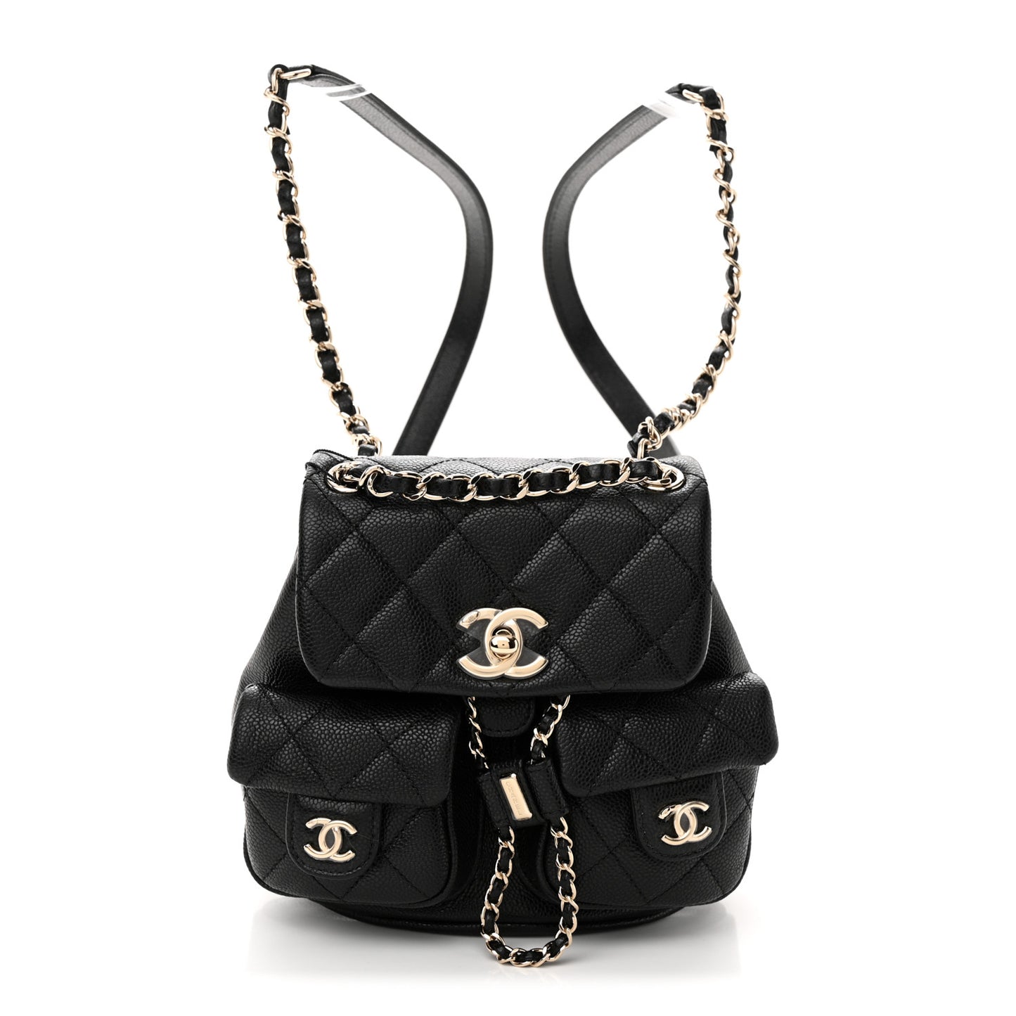 Shiny Caviar Quilted Small Duma Pockets Drawstring Backpack Black