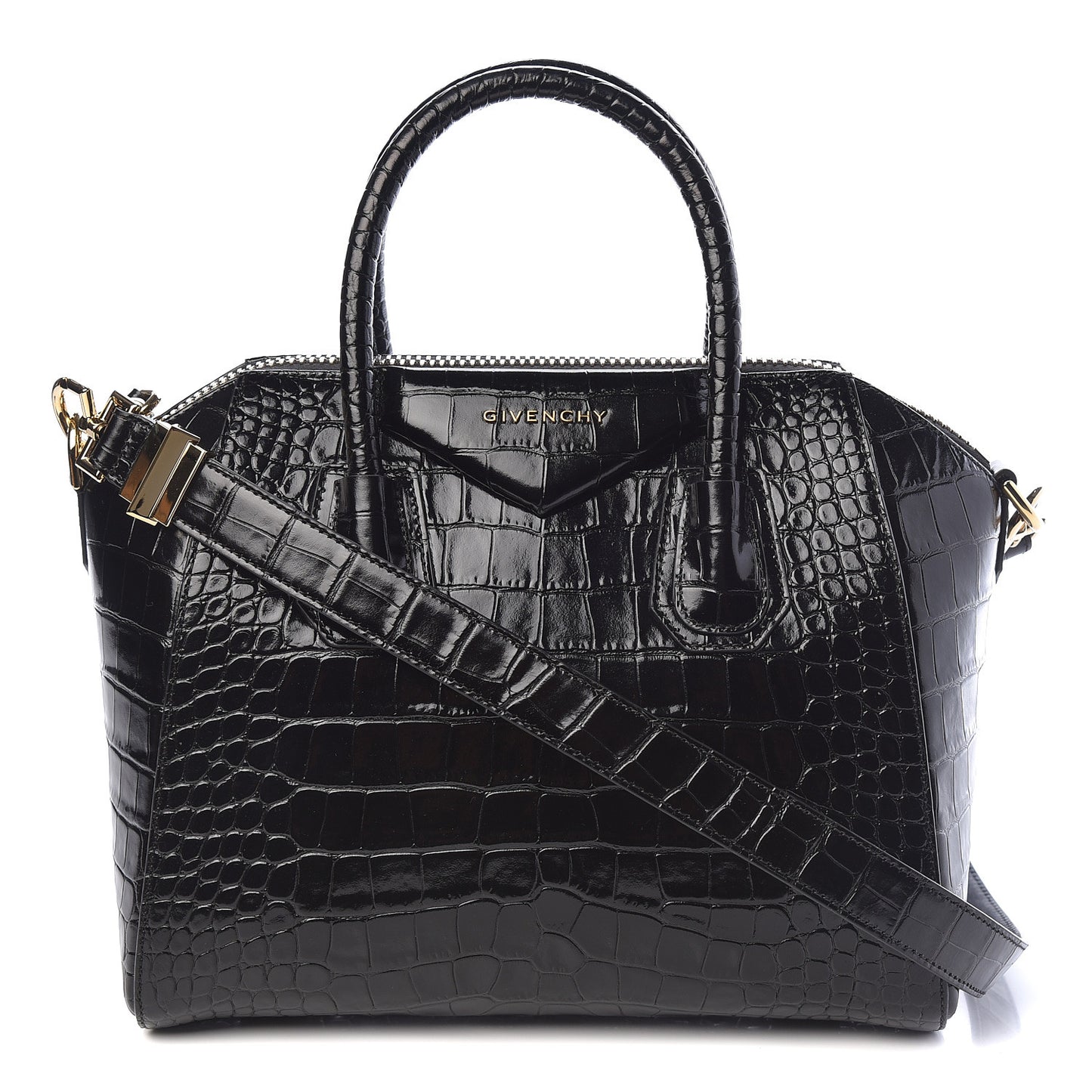 Calfskin Crocodile Embossed Small Antigona Black
