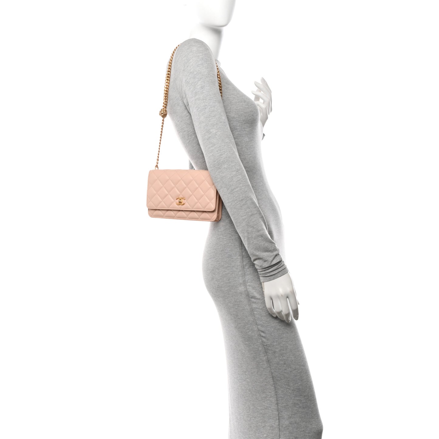 Lambskin Quilted Sweet Camellia Wallet on Chain WOC Light Beige