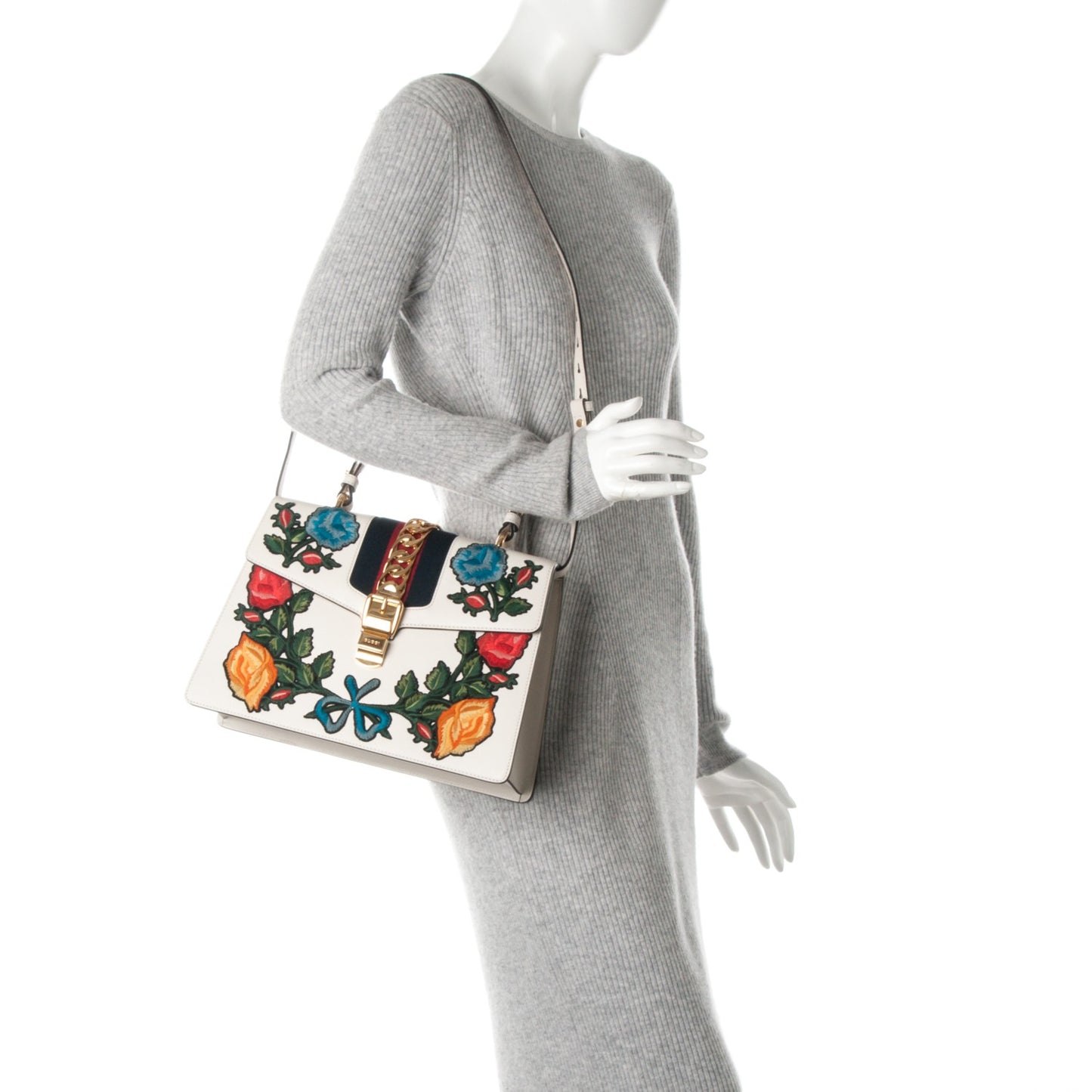 Calfskin Embroidered Medium Sylvie Top Handle Bag White