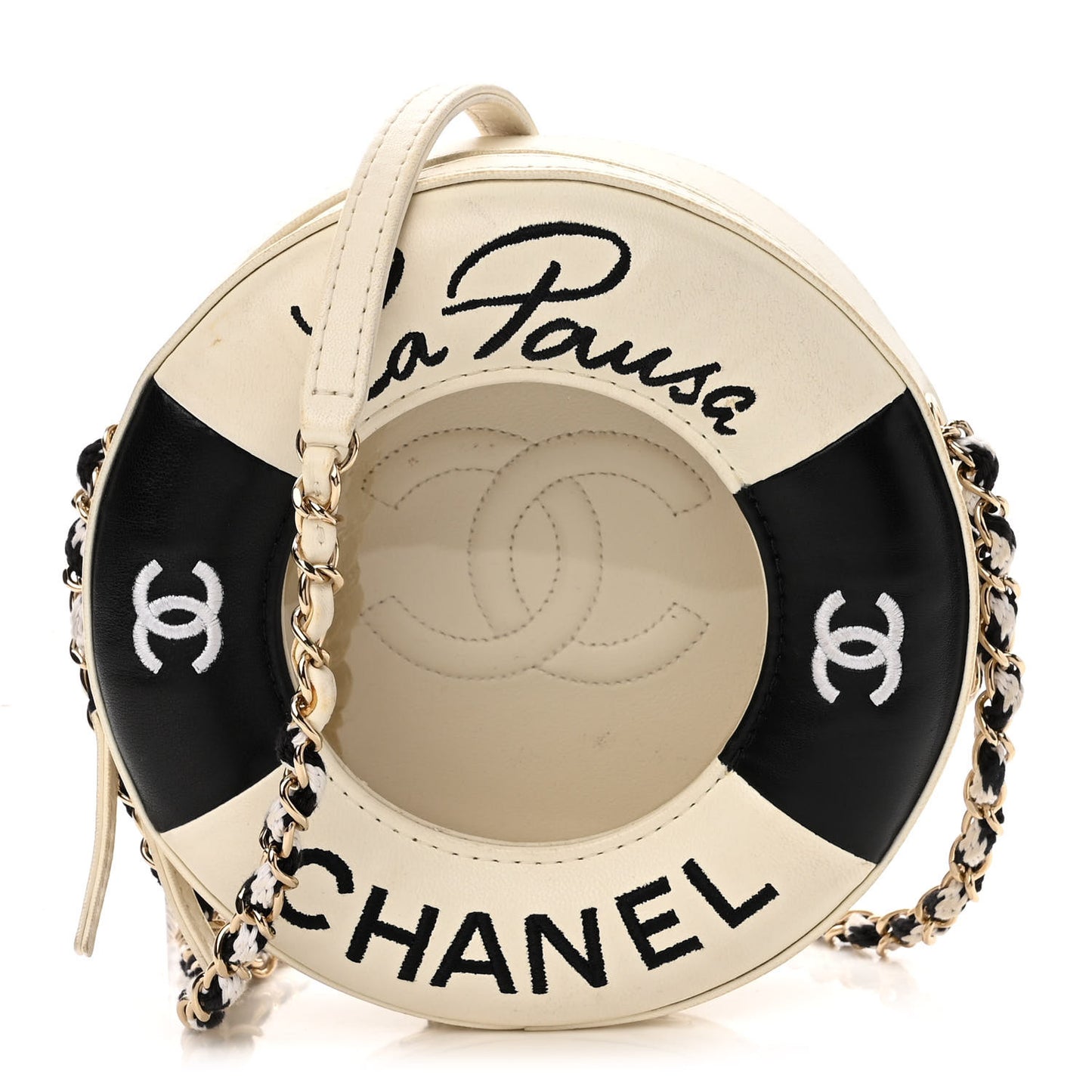 Lambskin Coco Lifesaver Round Bag Black White
