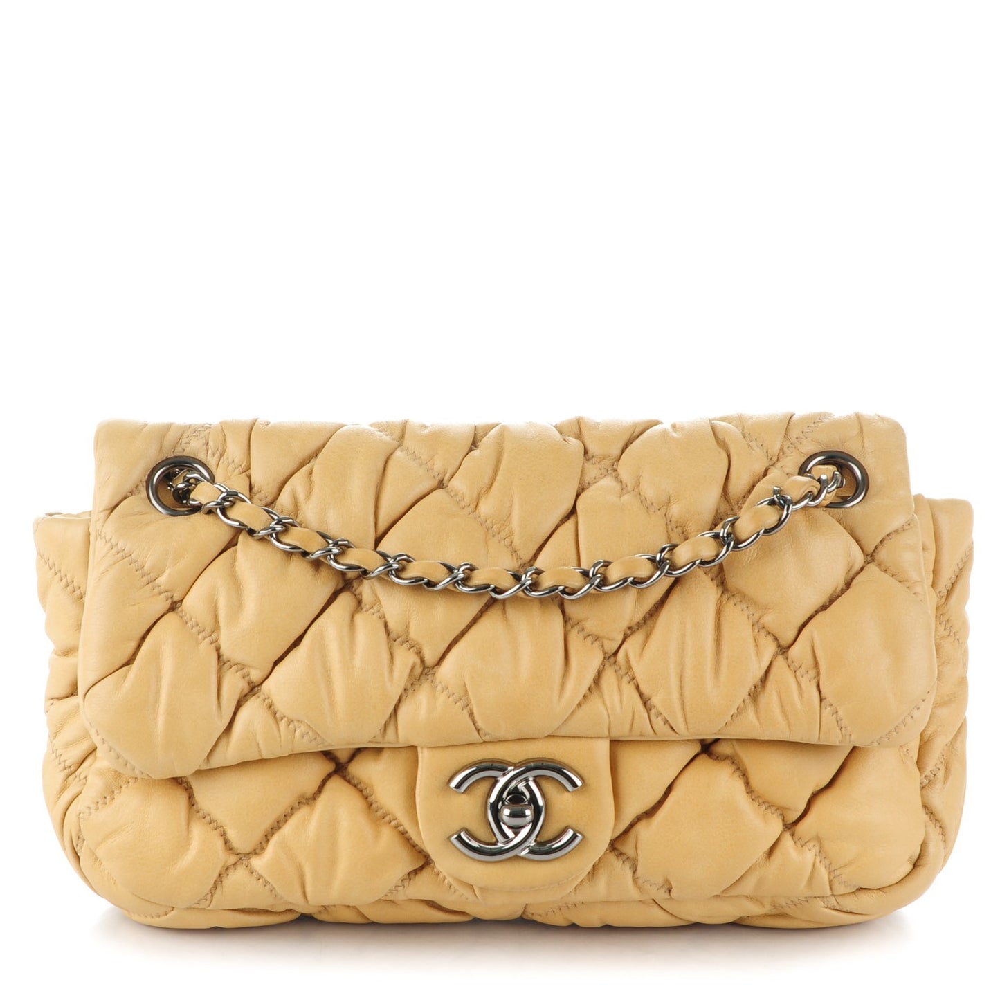 Calfskin Quilted Medium Bubble Quilt Flap Bag Beige