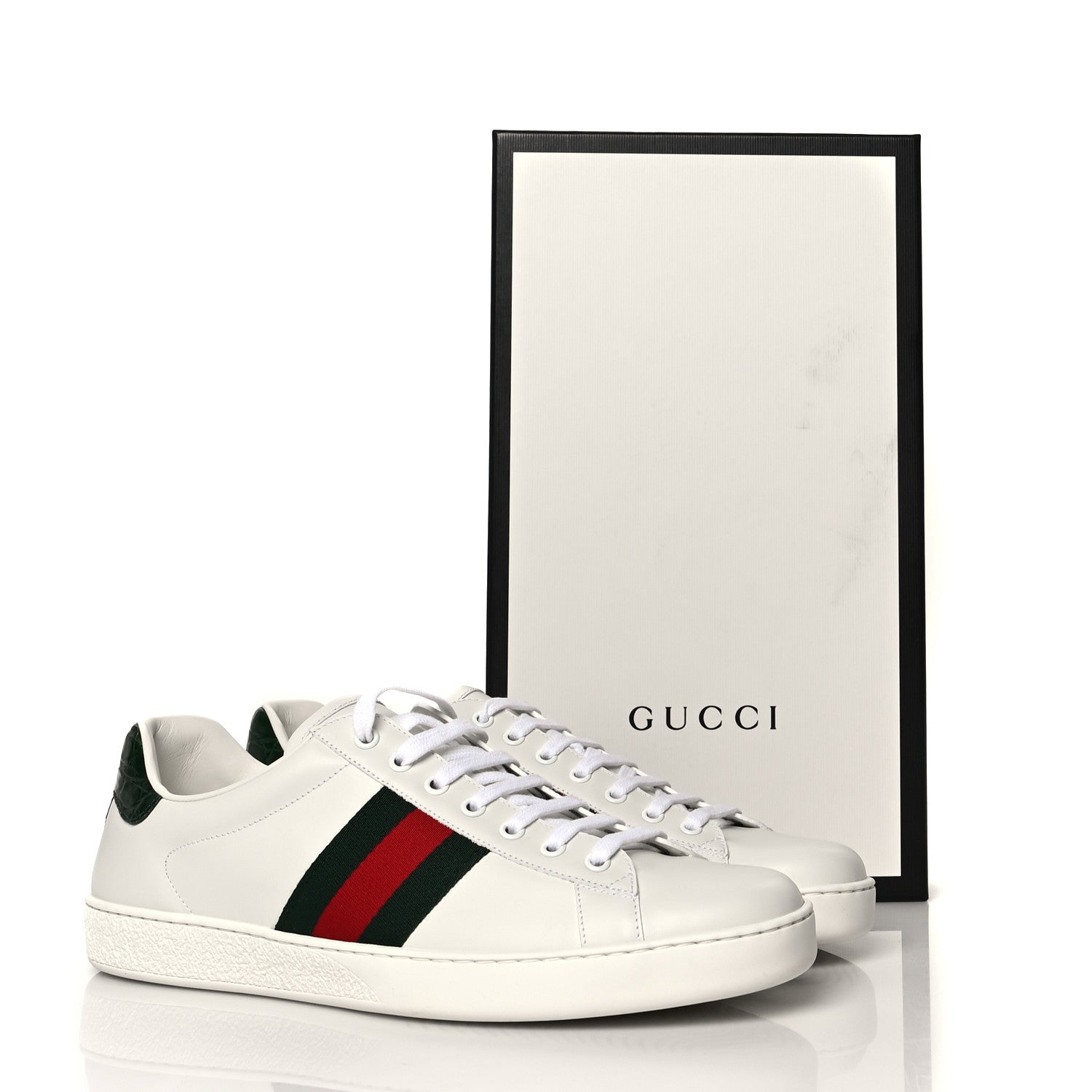 Gucci Calfskin Crocodile Web Mens Ace Sneakers 10 White Green 10 of 10