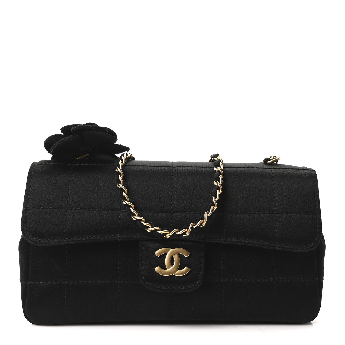 Satin Chocolate Bar Quilted Camellia Rectangular Mini Flap Black