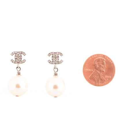 Chanel Crystal Pearl CC Drop Earrings Silver 2 of 4
