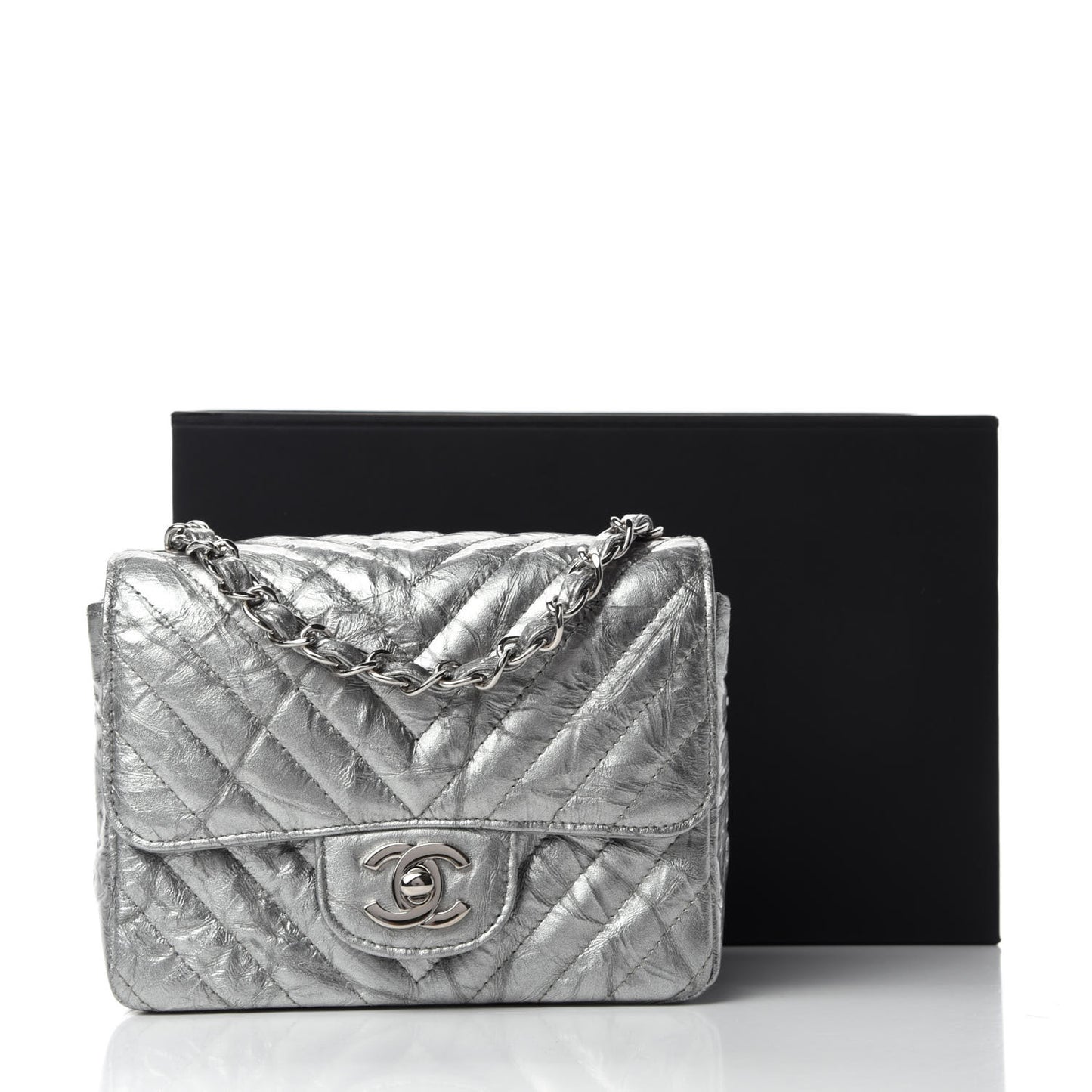 Metallic Patent Crumpled Calfskin Chevron Quilted Mini Square Flap Silver