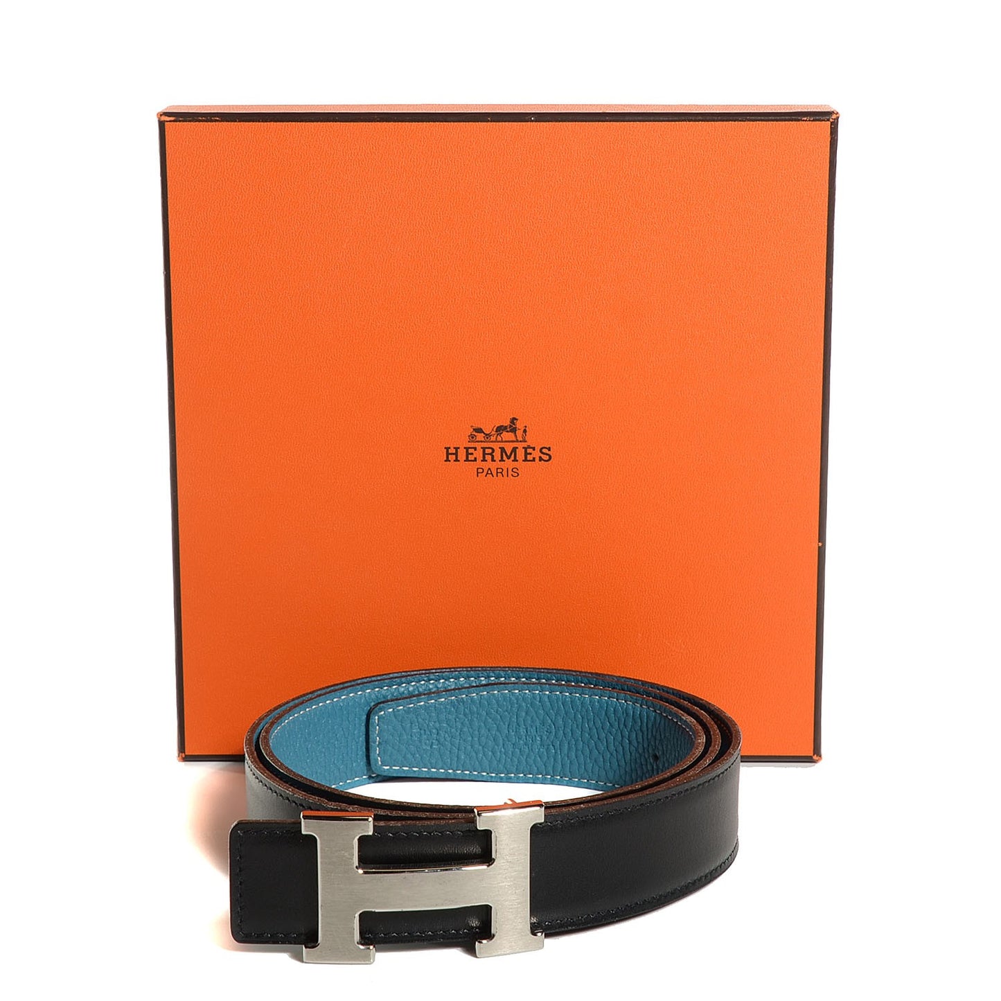 Box Taurillon Clemence 32mm H Belt 95 Black Blue Jean