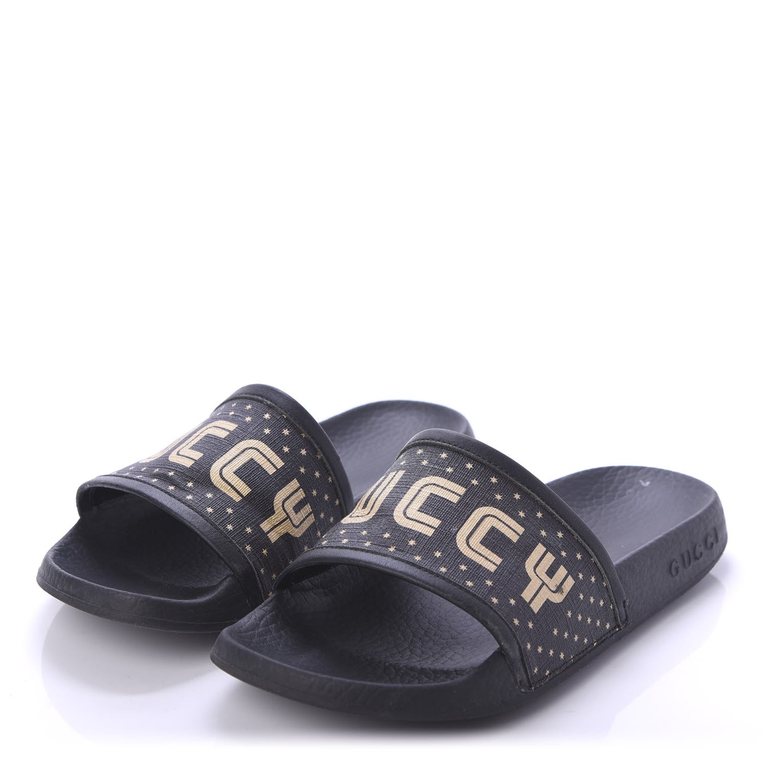 Gucci X SEGA Supreme Canvas GUCCY Stars Womens Slide Sandals 35 Black Gold 3 of 8