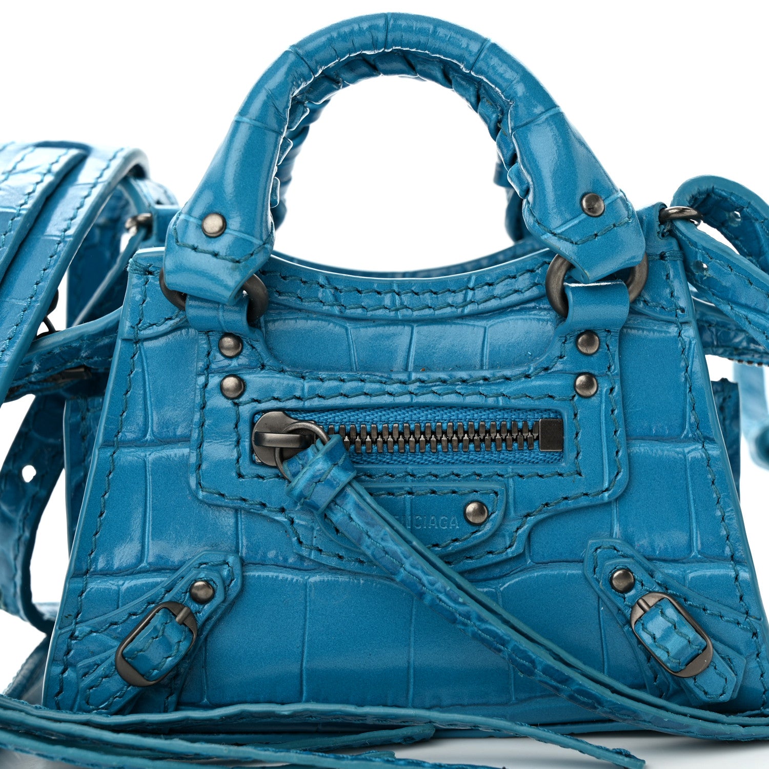 Balenciaga Extra Supple Calfskin Crocodile Embossed Neo Classic Silver Hardware Super Nano City Crossbody Cyan 7 of 10