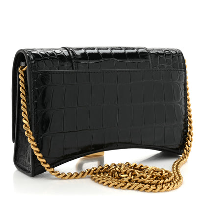 Balenciaga Shiny Calfskin Crocodile Embossed Hourglass Chain Bag Black 3 of 11