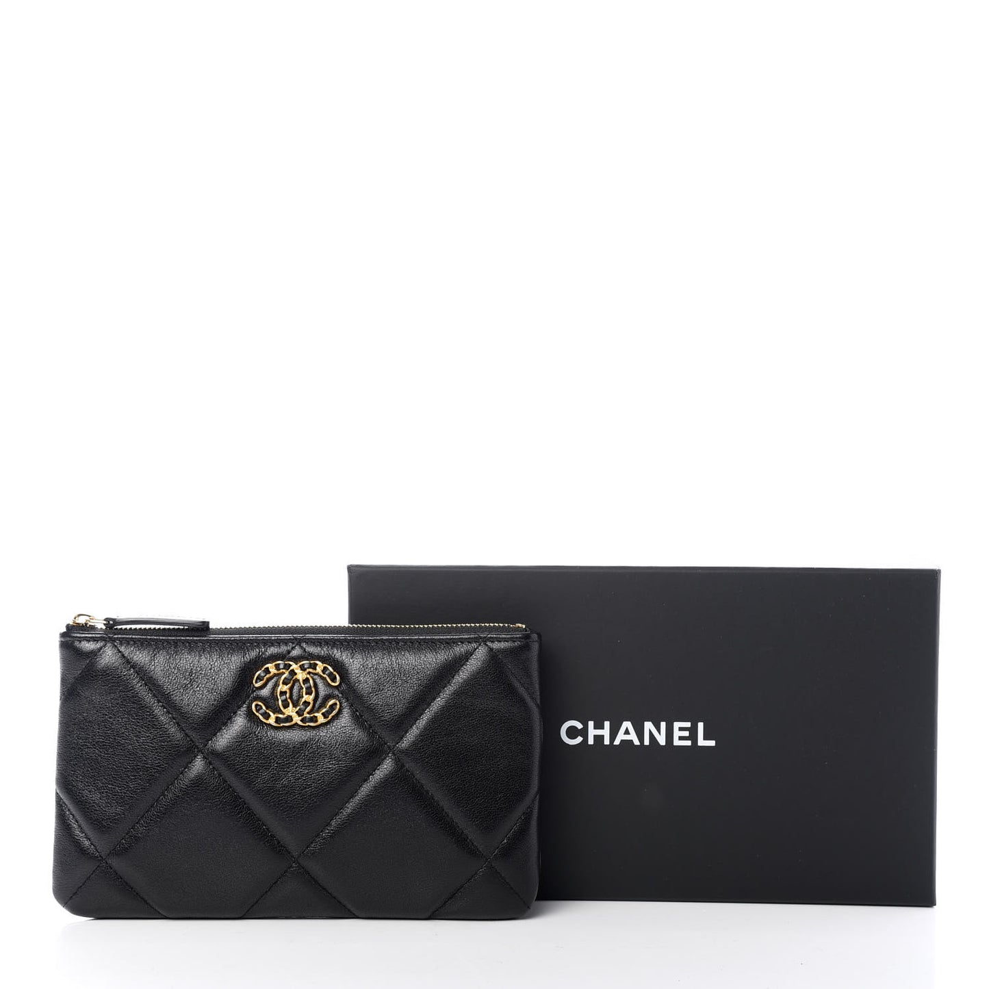 Shiny Goatskin Quilted Small Chanel 19 Pouch Black
