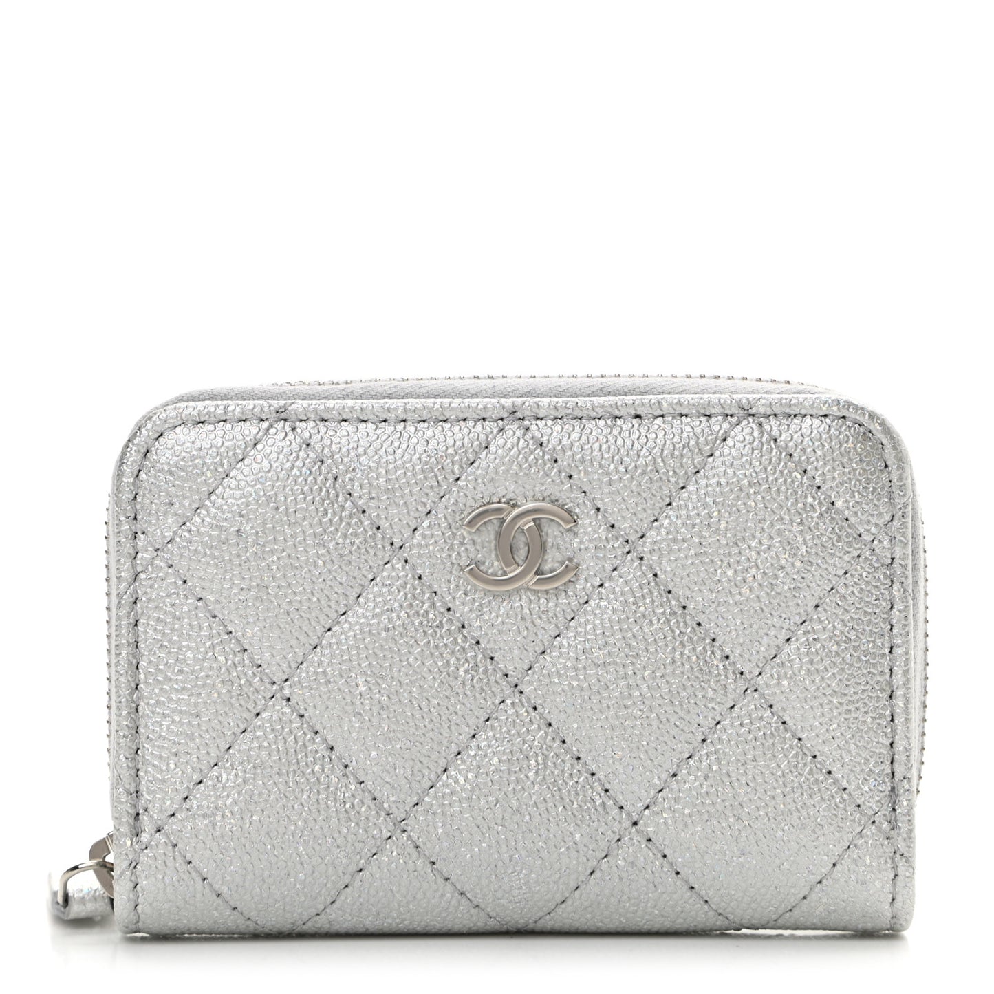 Glittered Metallic Caviar Quilted Zip Coin Purse Wallet Silver