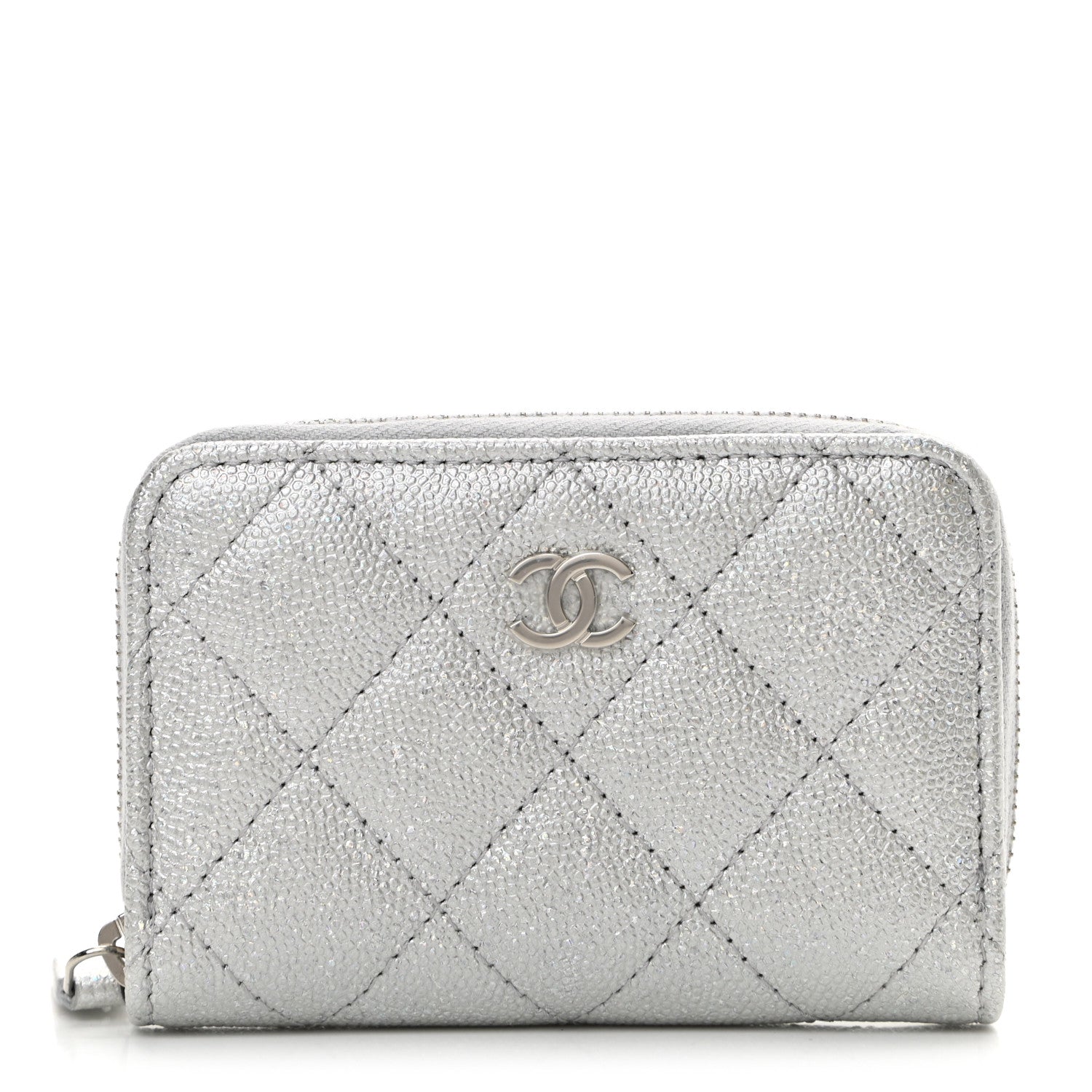 Chanel Glittered Metallic Caviar Quilted Zip Coin Purse Wallet Silver 1 of 9