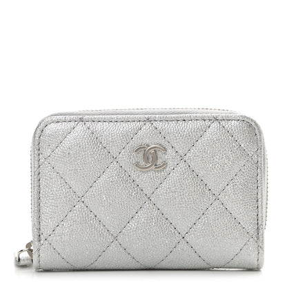 Chanel Glittered Metallic Caviar Quilted Zip Coin Purse Wallet Silver 1 of 9