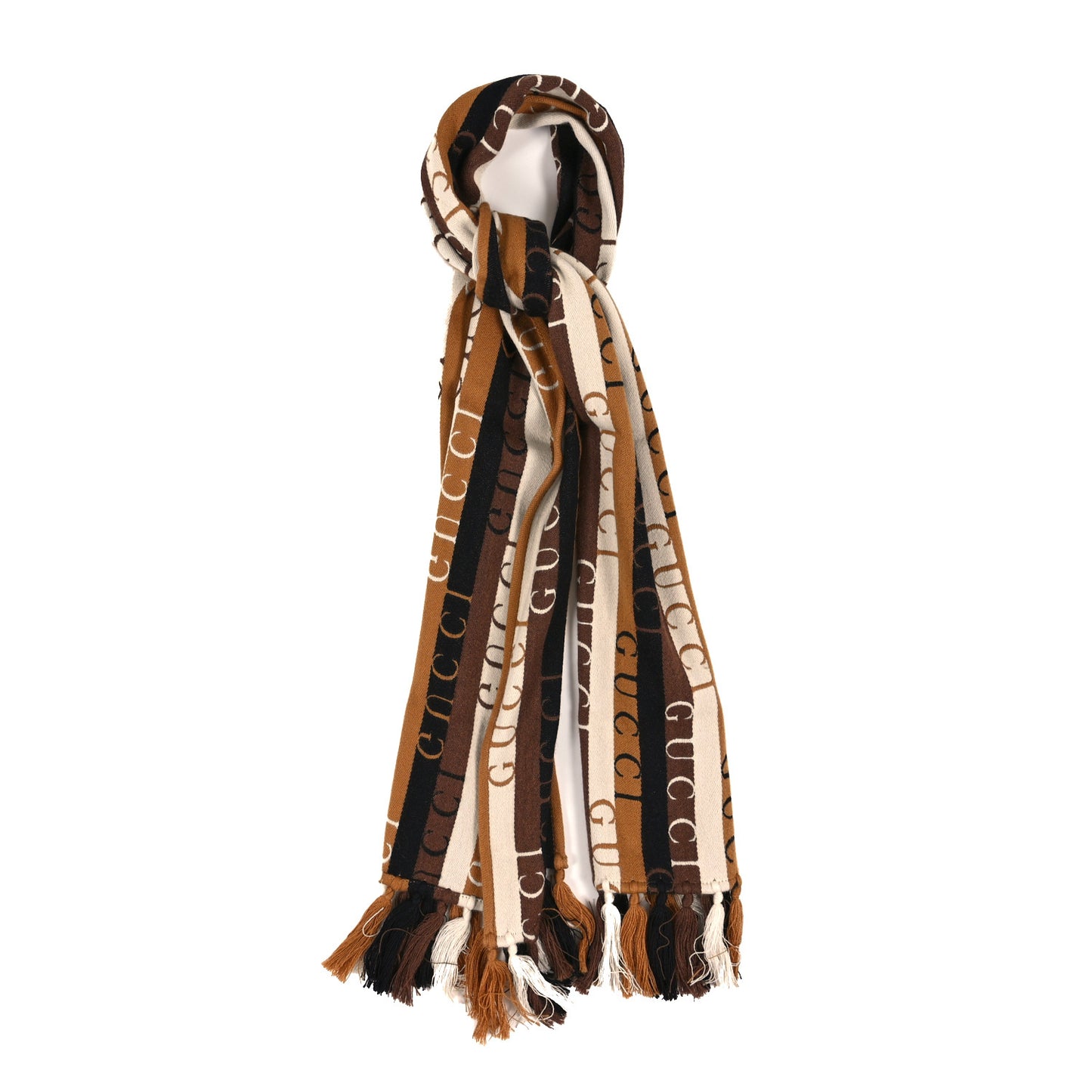 Wool Cotton Logo Wood Stripes Scarf Light Brown Dark Brown