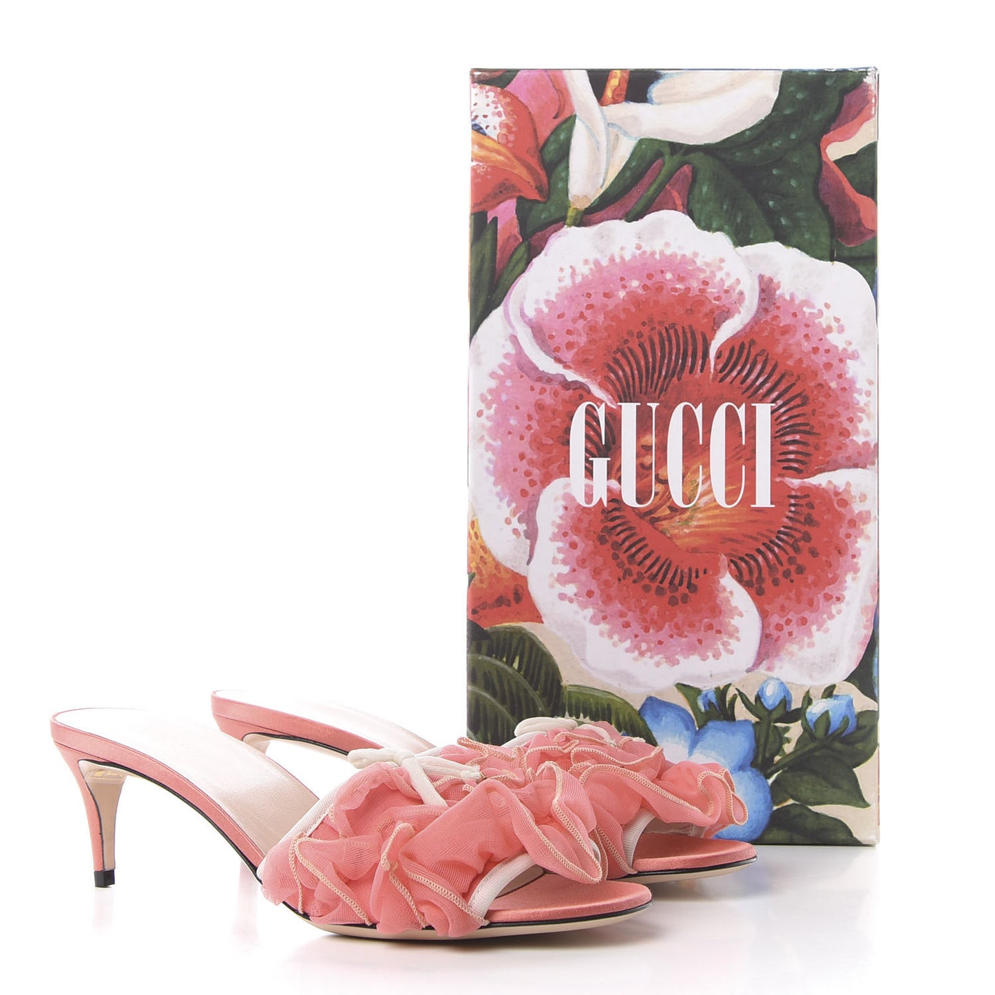 Tulle Ruffle Low Heel Slide Sandals 37.5 Peach White