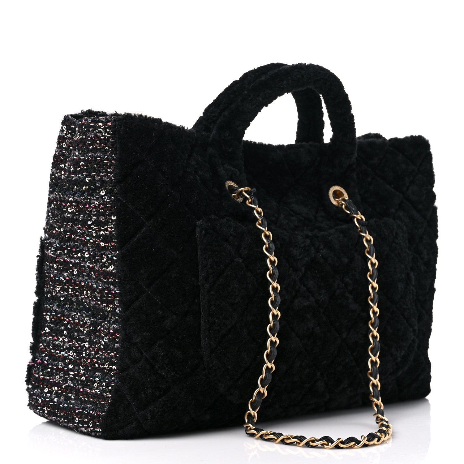 Chanel Shearling Sequin Tweed Shopper Tote Black 2 of 11