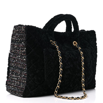 Chanel Shearling Sequin Tweed Shopper Tote Black 2 of 11