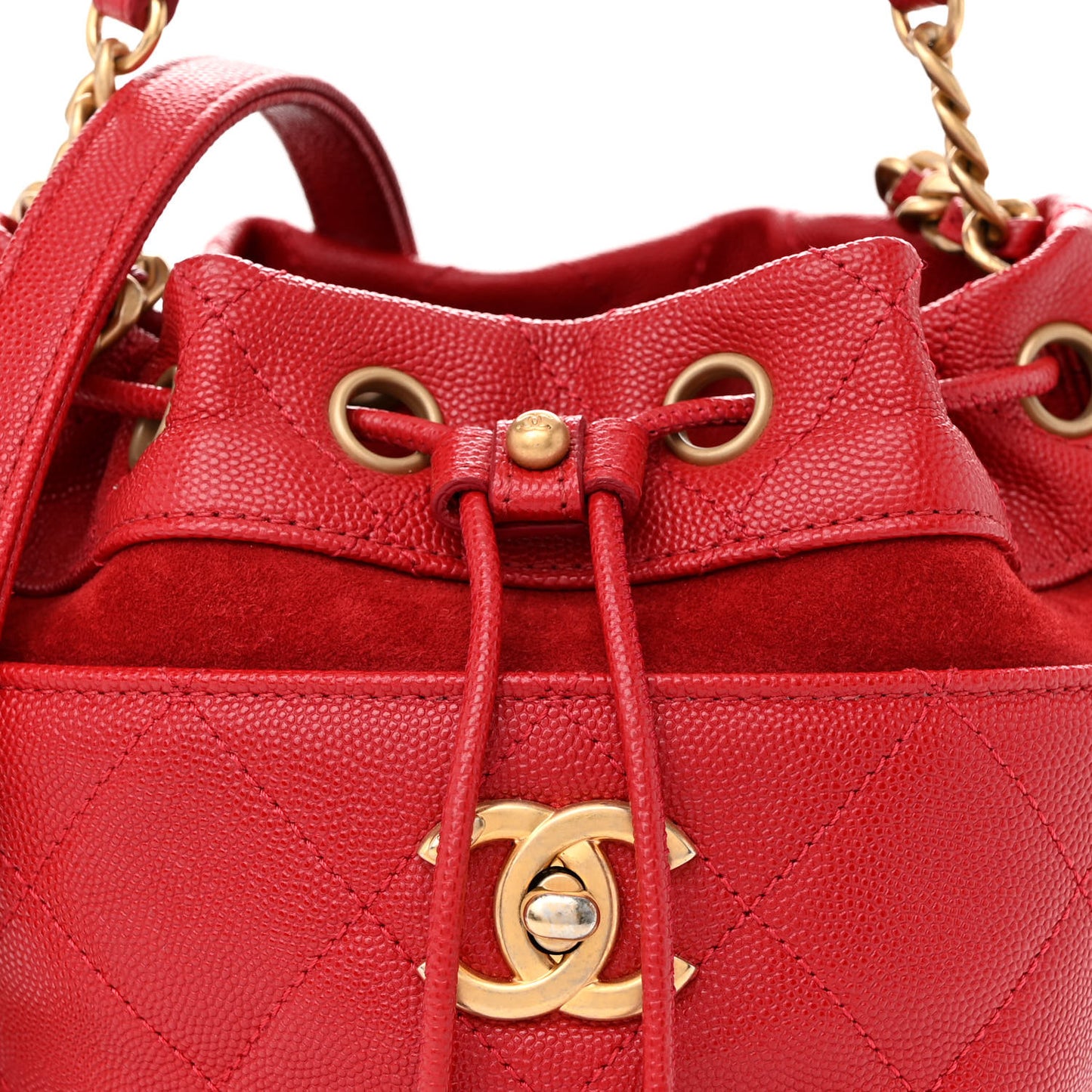 Caviar Suede Quilted Drawstring Bucket Bag Dark Red