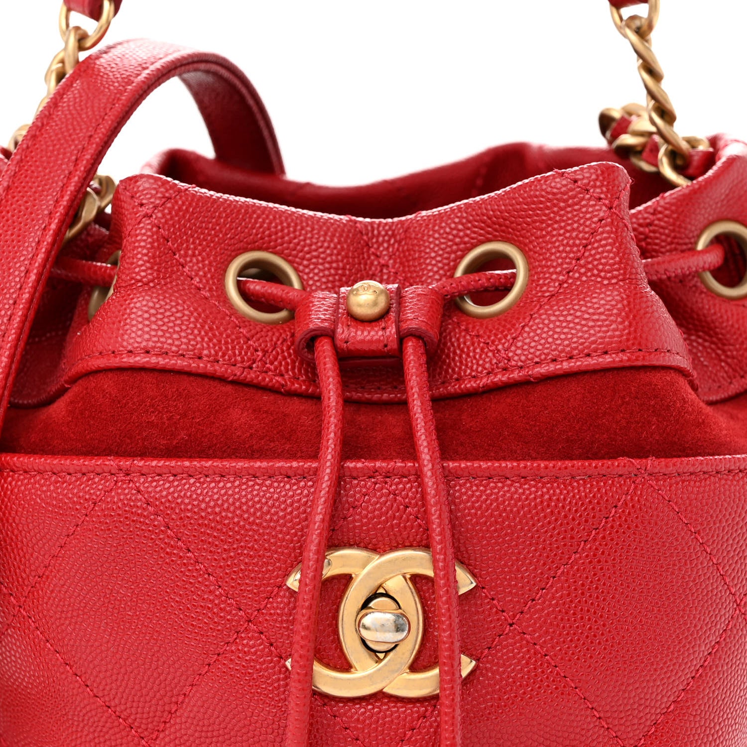 Chanel Caviar Suede Quilted Drawstring Bucket Bag Dark Red 8 of 11
