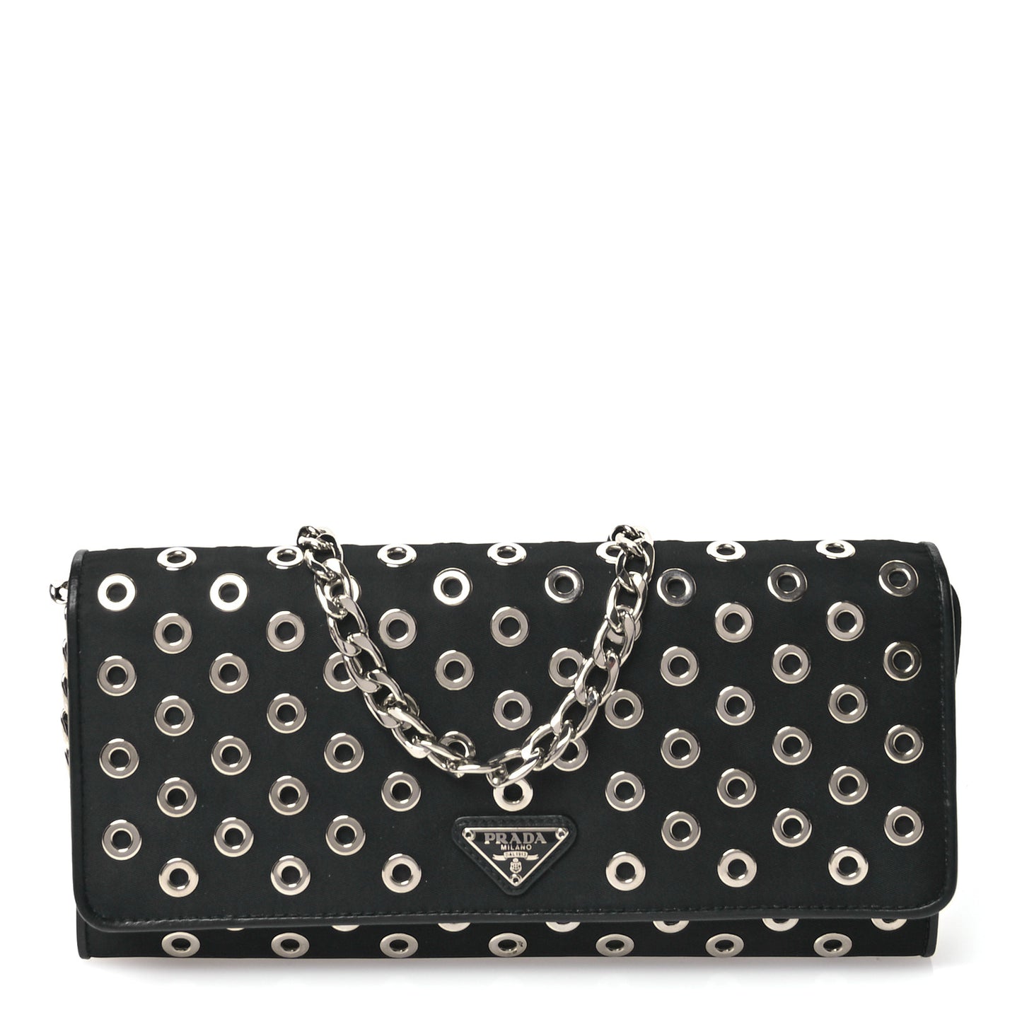 Tessuto Nylon Soft Calf Grommet Wallet On Chain Black
