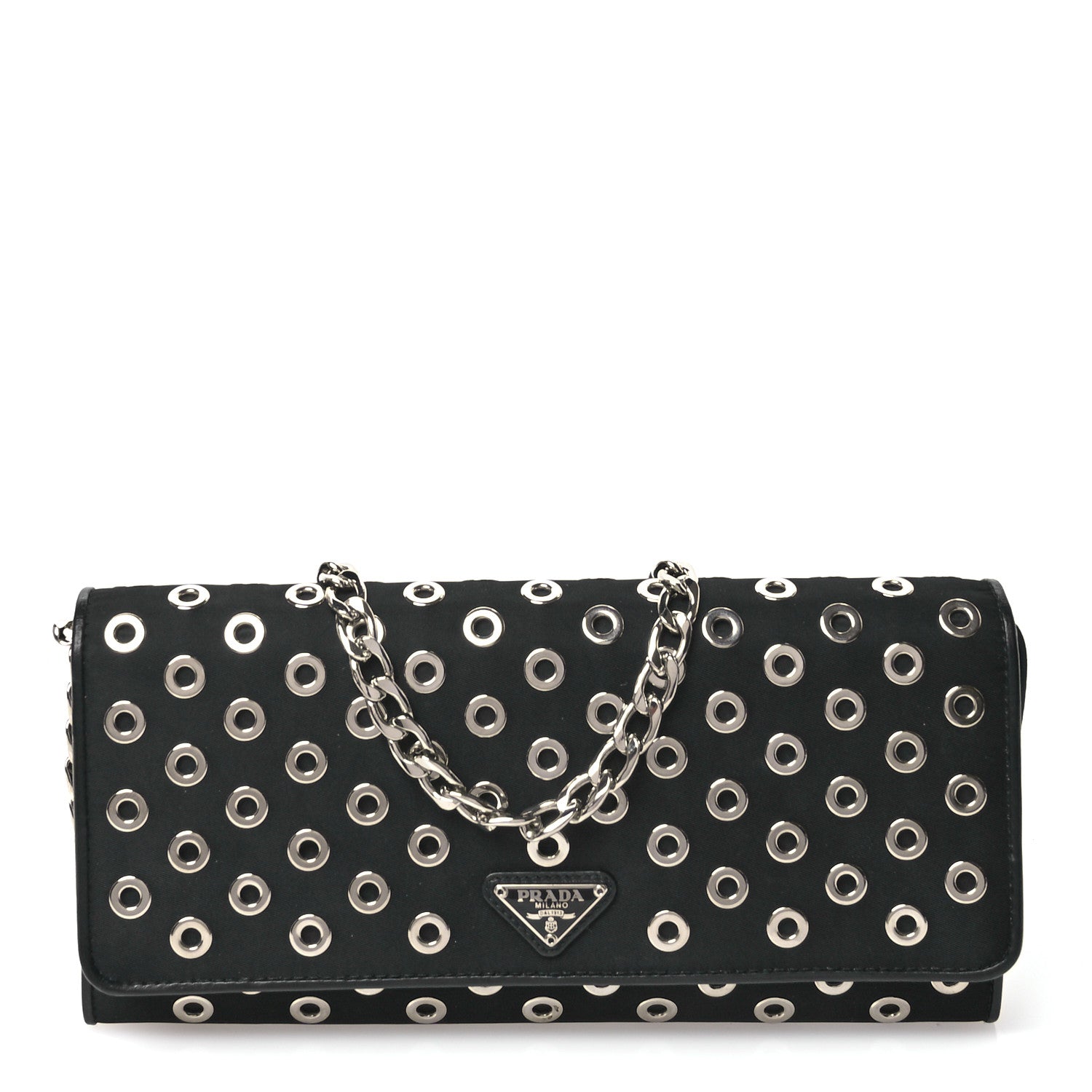 Prada Tessuto Nylon Soft Calf Grommet Wallet On Chain Black 1 of 11
