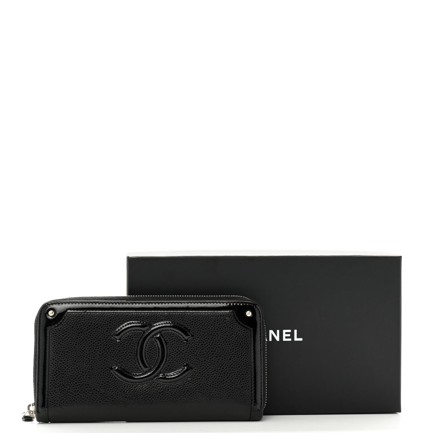 Caviar Patent Small CC Contour Zip Around Wallet Black