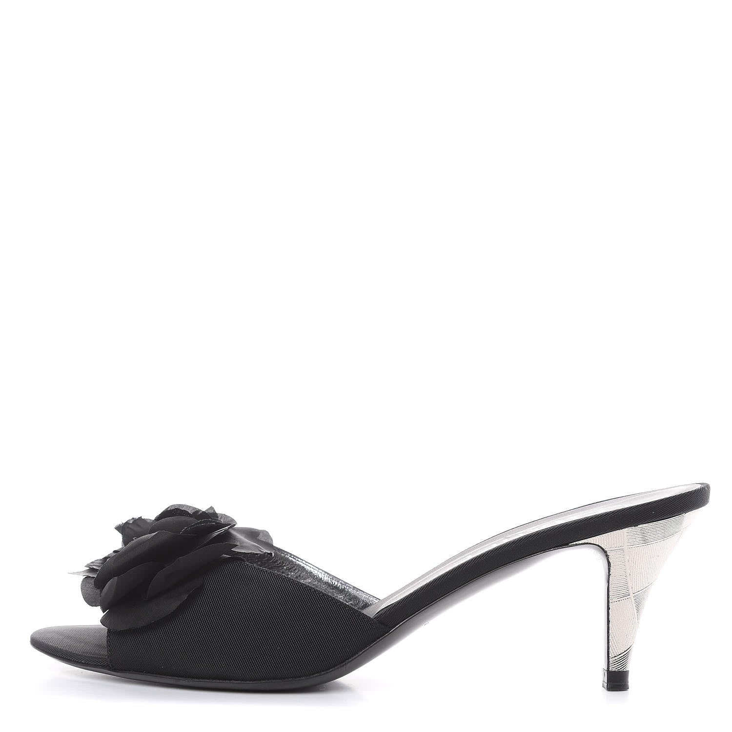Chanel Metal Silk Grosgrain Camellia Mules 39.5 Black 1 of 7