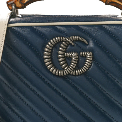 Gucci Vintage Effect Calfskin Matelasse Diagonal Small Torchon GG Marmont Bamboo Top Handle Shoulder Bag Blue Agata Mystic White 8 of 11