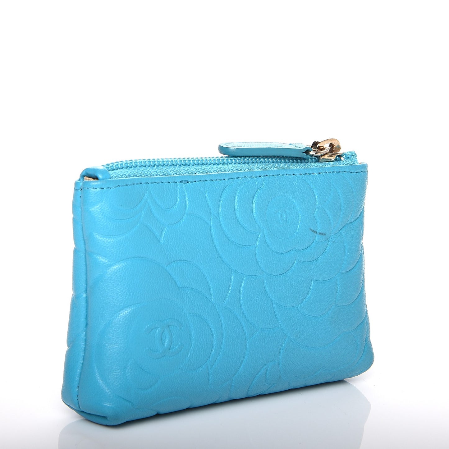 Lambskin Camellia Embossed Key Holder Case Turquoise
