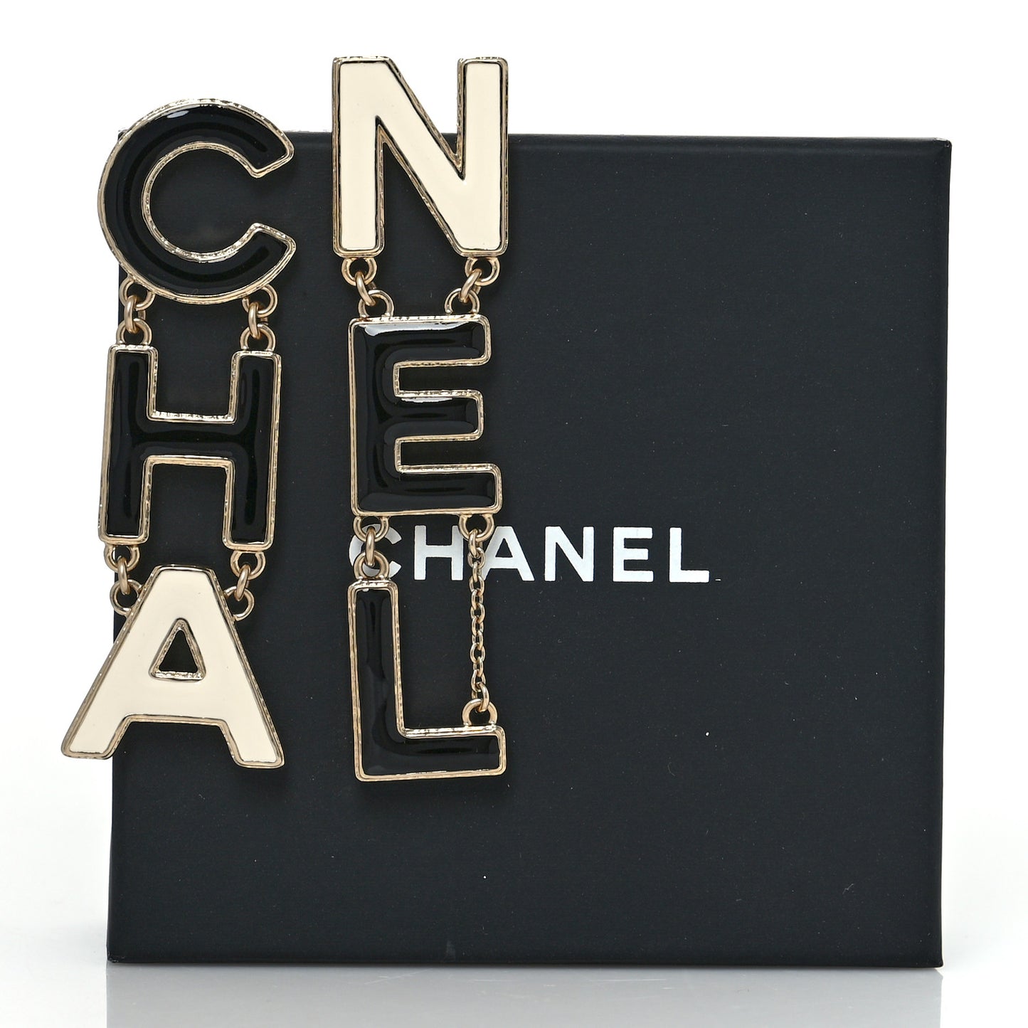 Metal Enamel Cha-Nel Logo Drop Earrings Black White