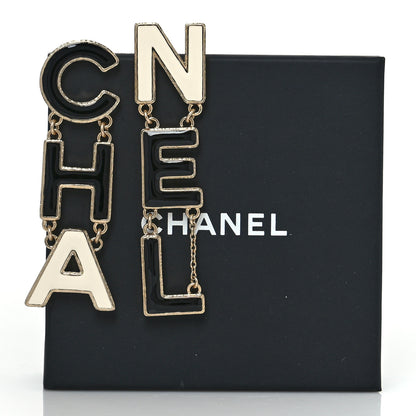 Chanel Metal Enamel Cha-Nel Logo Drop Earrings Black White 5 of 5