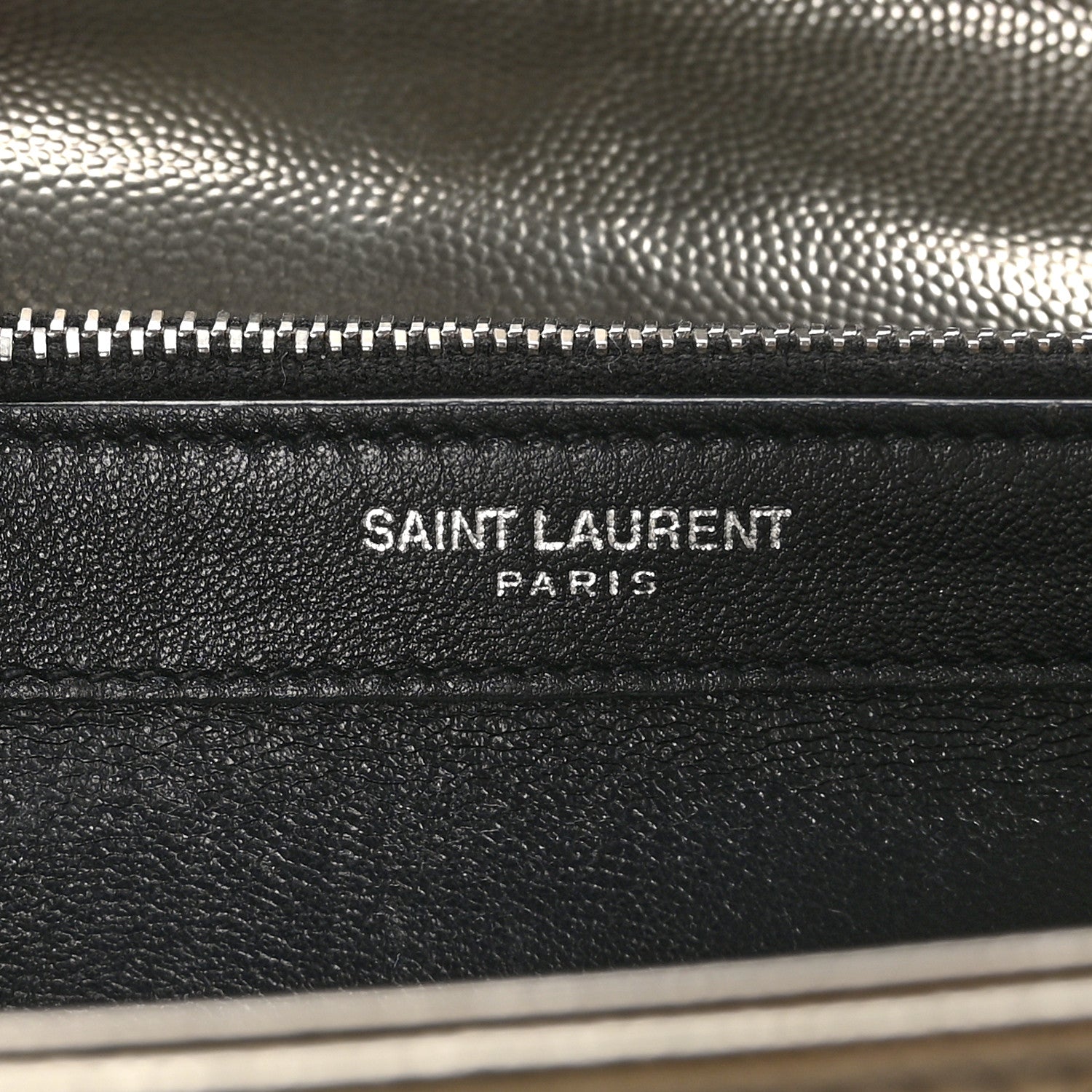 Saint Laurent Metallic Grain De Poudre Matelasse Chevron Monogram Envelope Chain Wallet Piombo 7 of 13