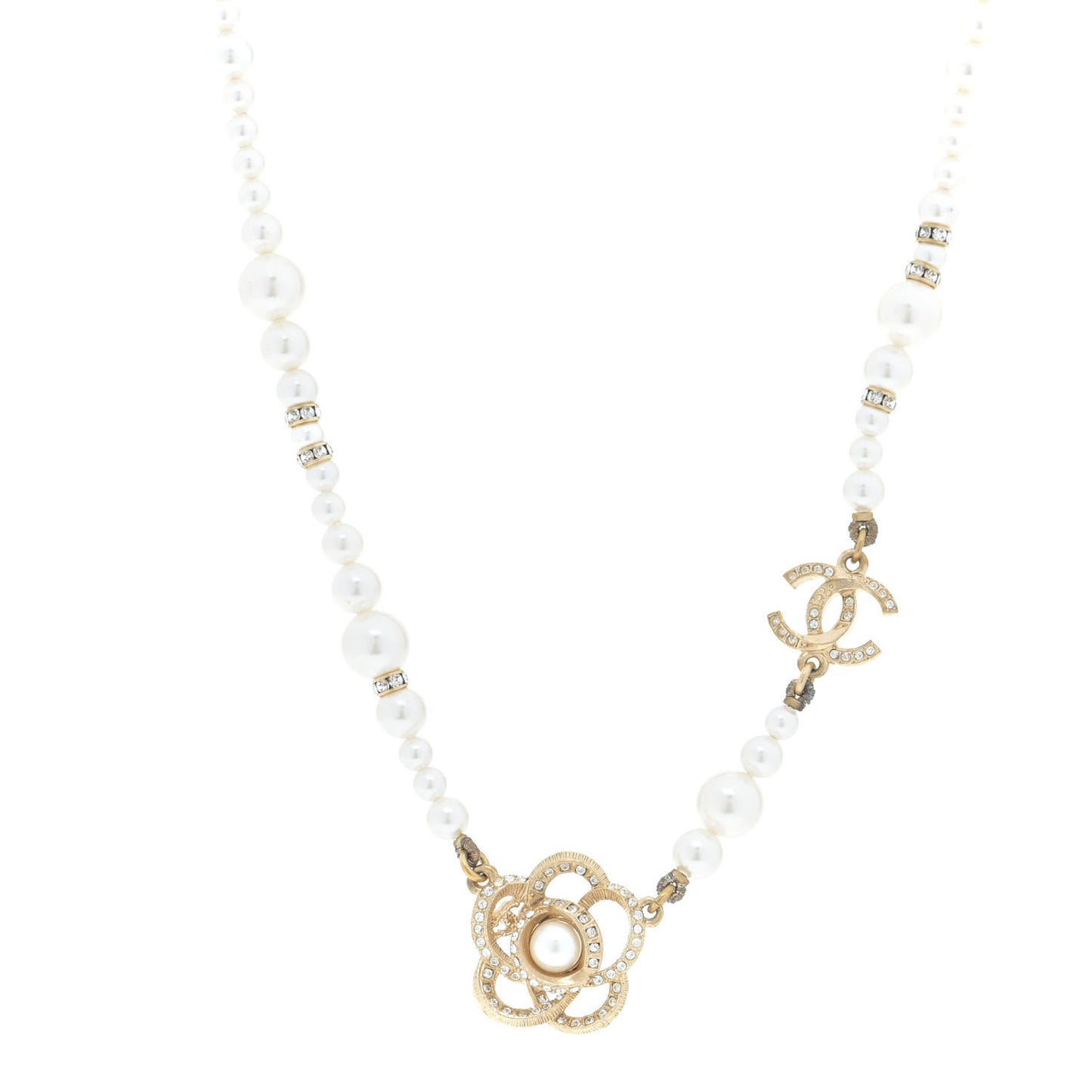 Pearl Crystal Camellia CC Necklace Gold